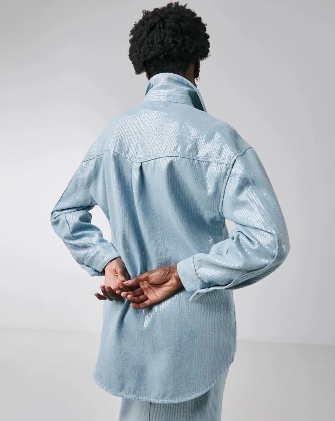 Clear Sequin Oversized Denim Shirt
