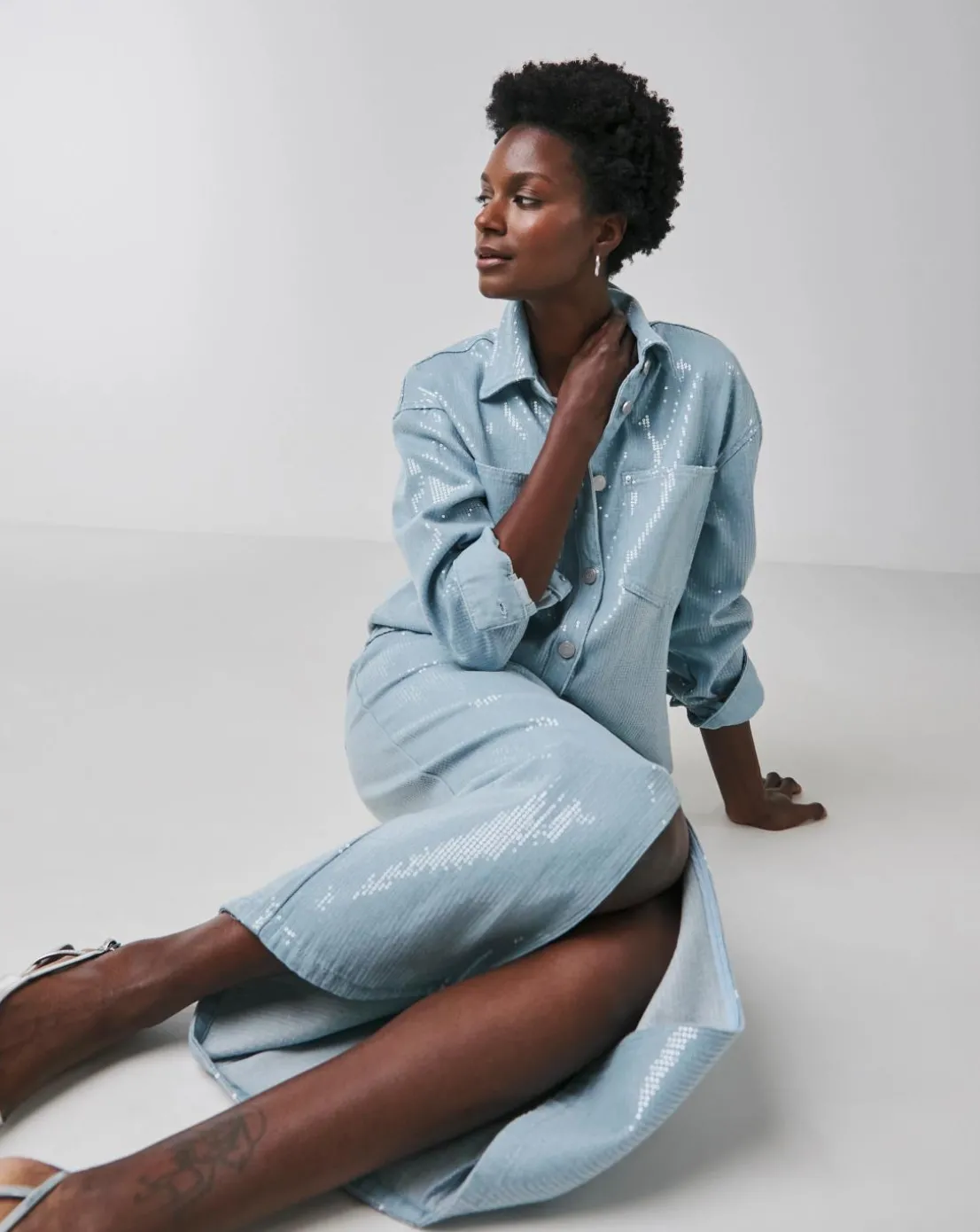 Clear Sequin Oversized Denim Shirt