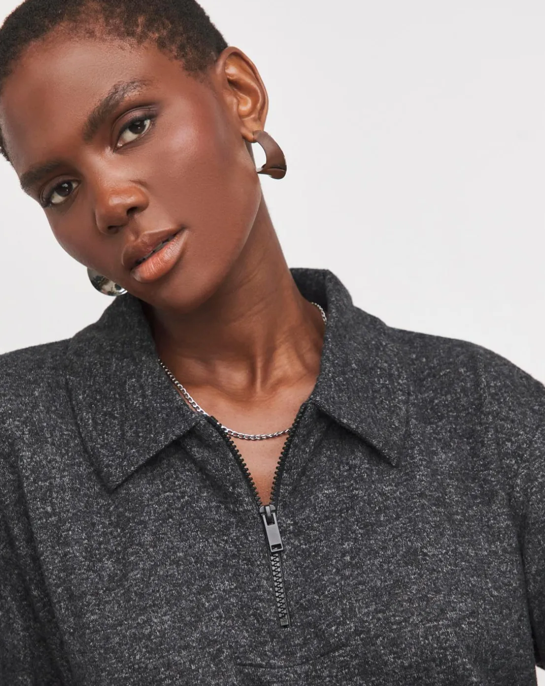 Collared Zip Front Long Sleeve Soft Touch Longline Top