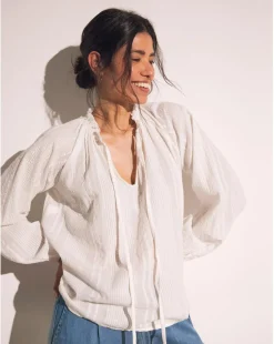 Collarless Long Sleeve Tie Neck Blouse