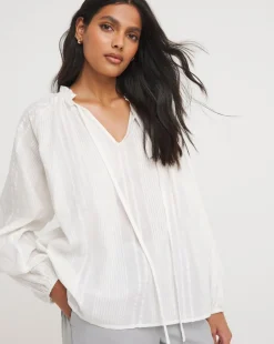 Collarless Long Sleeve Tie Neck Blouse