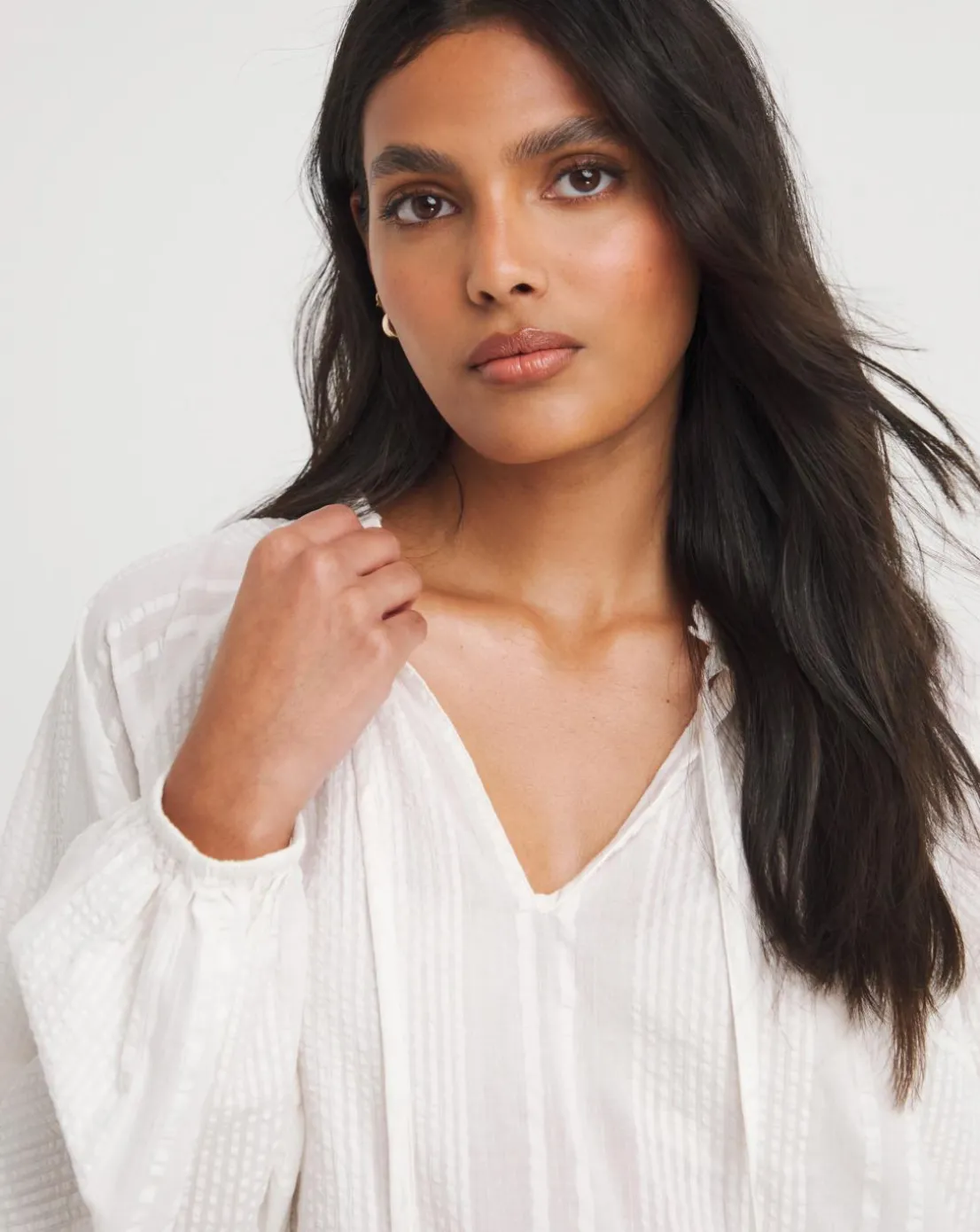 Collarless Long Sleeve Tie Neck Blouse