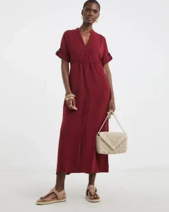 Collarless Placket Detail Smock Dress