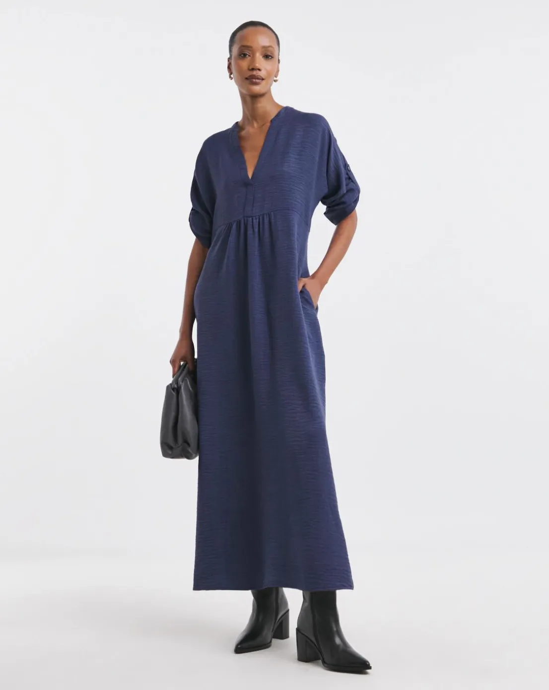 Collarless Placket Detail Smock Dress
