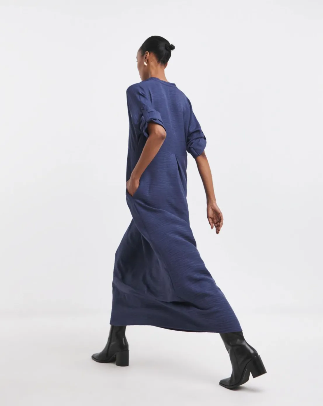 Collarless Placket Detail Smock Dress