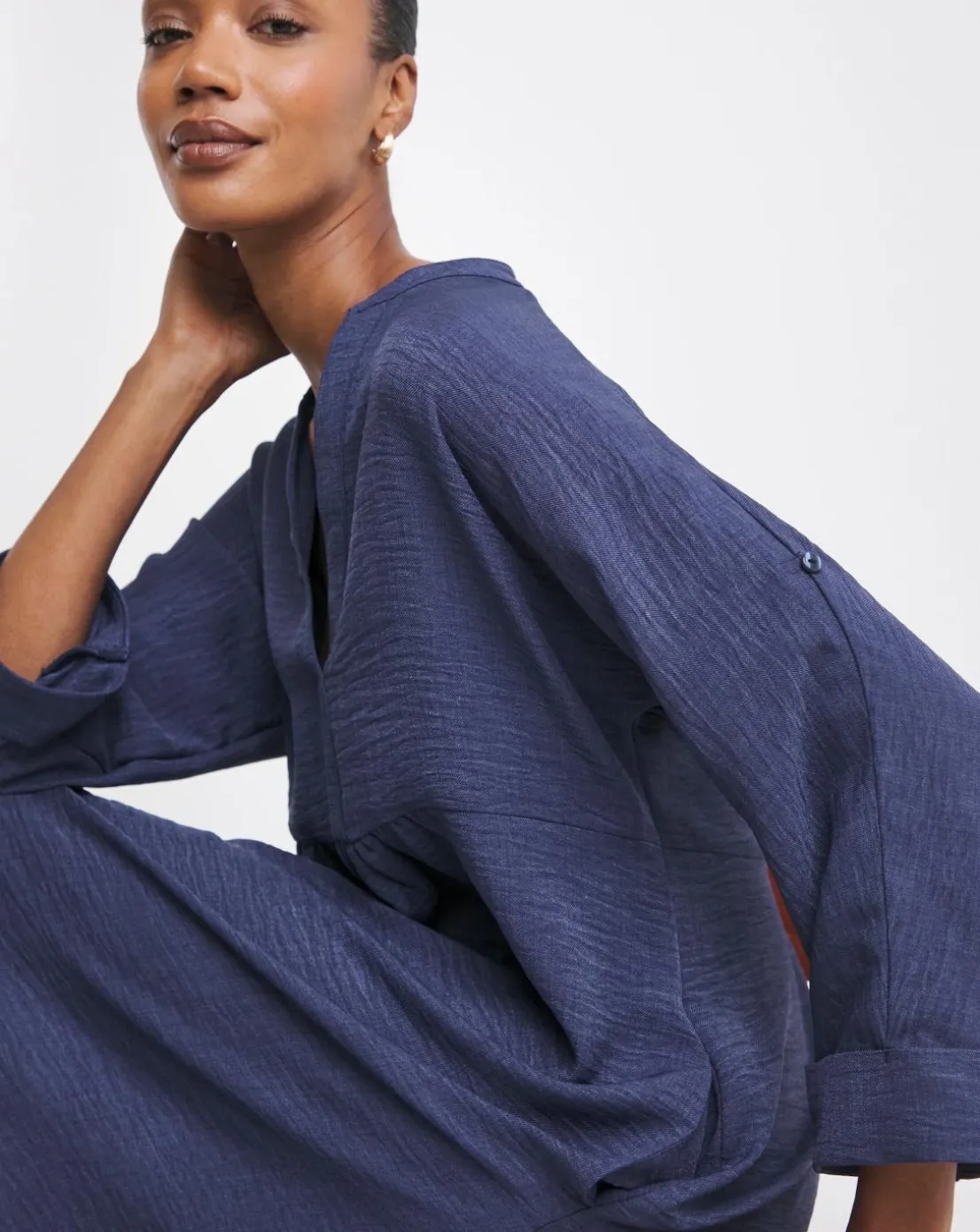 Collarless Placket Detail Smock Dress