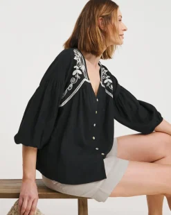 Contrast Embroidery Button Through Top