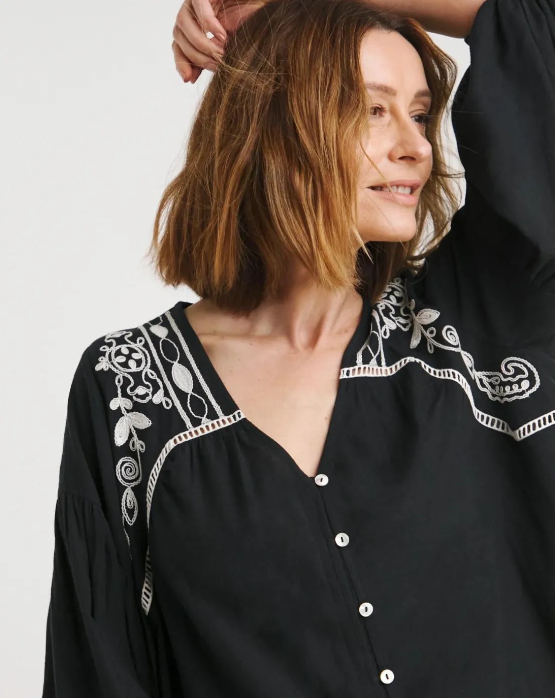 Contrast Embroidery Button Through Top