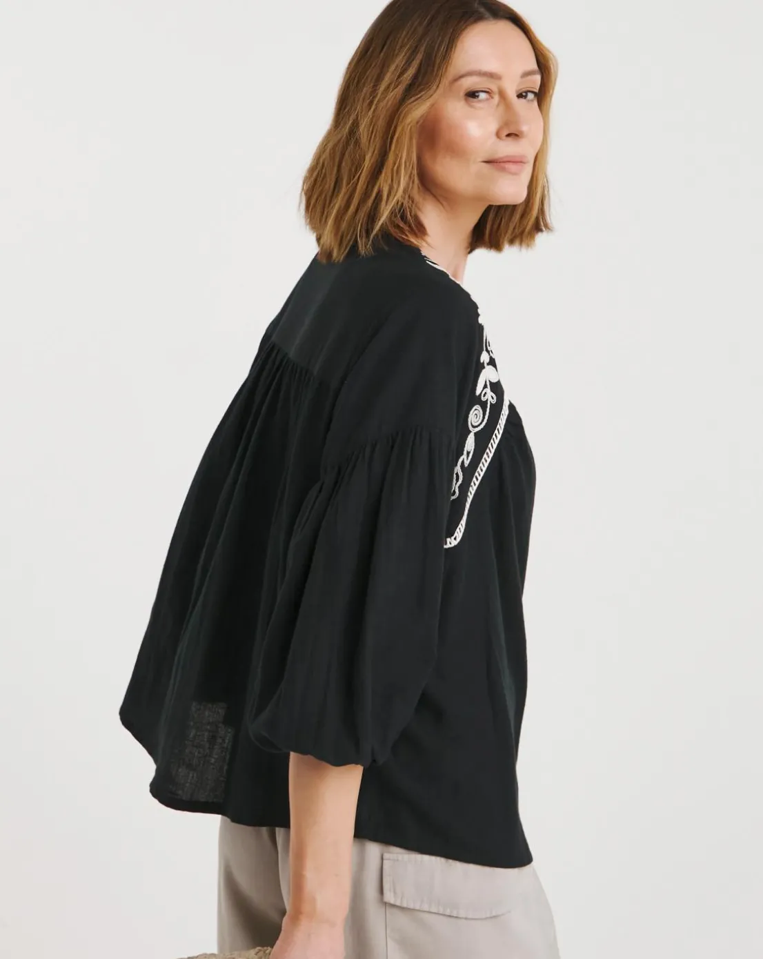 Contrast Embroidery Button Through Top