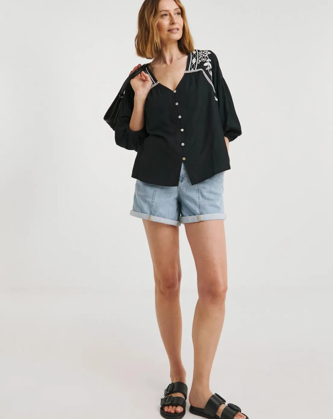 Contrast Embroidery Button Through Top