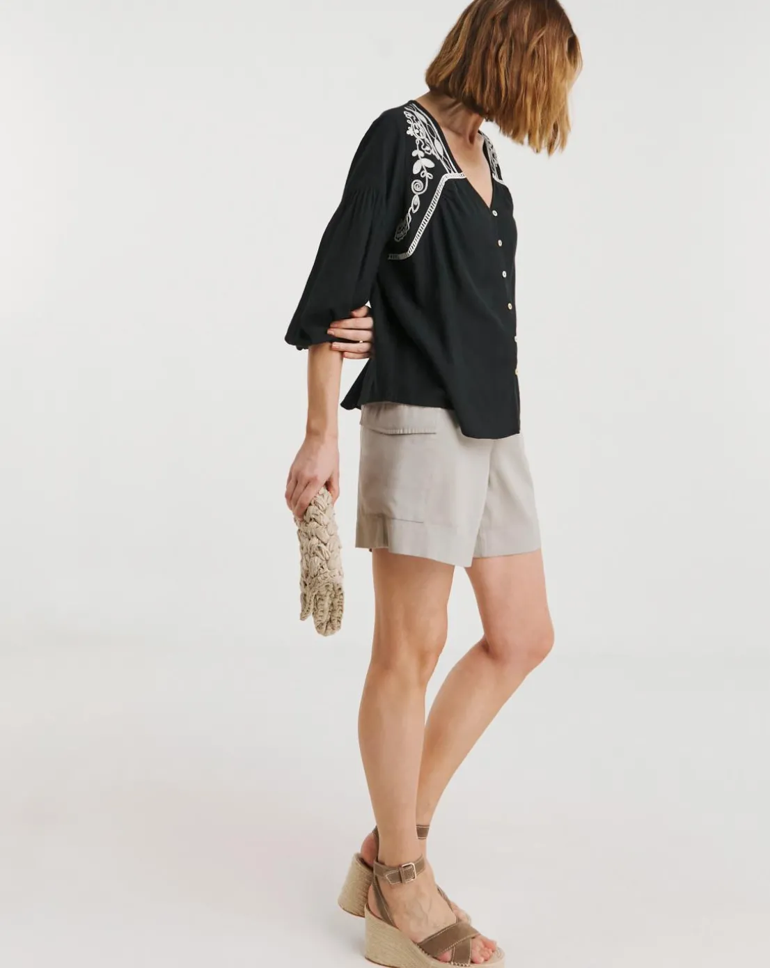 Contrast Embroidery Button Through Top