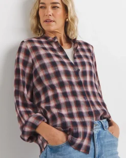 Cotton Collarless Button Through Long Sleeve Blouse