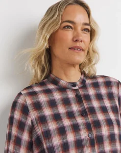 Cotton Collarless Button Through Long Sleeve Blouse