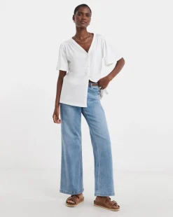 Cream Button Front Angel Sleeve Top