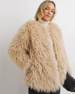 Cream Collarless Shaggy Faux Fur Coat