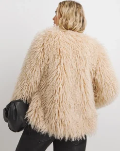 Cream Collarless Shaggy Faux Fur Coat