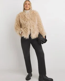 Cream Collarless Shaggy Faux Fur Coat