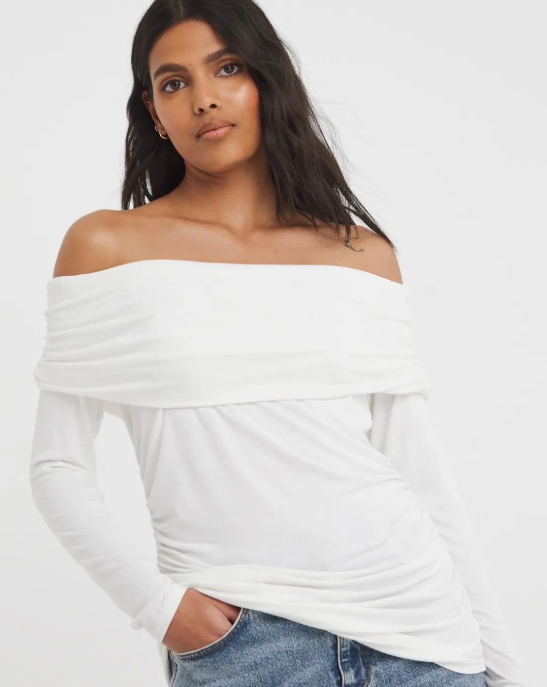 Cream Long Sleeve Bardot Top