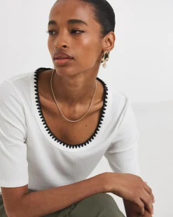 Cream Scoop Neck Contrast Stitch Top