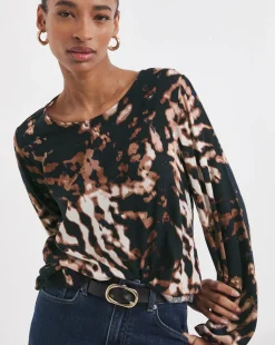 Crew Neck Balloon Sleeve Top - Abstract Print