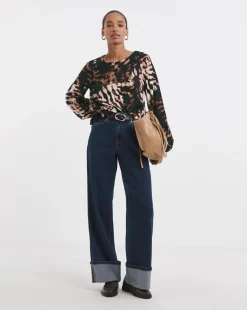 Crew Neck Balloon Sleeve Top - Abstract Print