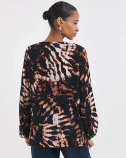 Crew Neck Balloon Sleeve Top - Abstract Print
