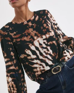 Crew Neck Balloon Sleeve Top - Abstract Print