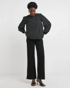 Crew Neck Blouson Sleeve Blouse - Black Spot