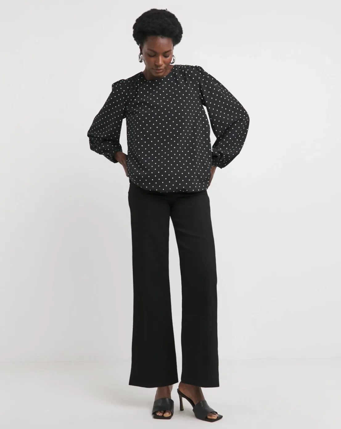 Crew Neck Blouson Sleeve Blouse - Black Spot