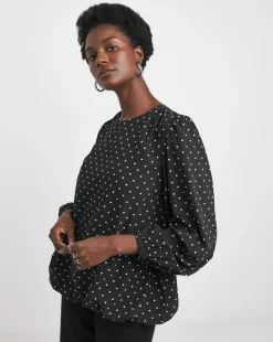 Crew Neck Blouson Sleeve Blouse - Black Spot
