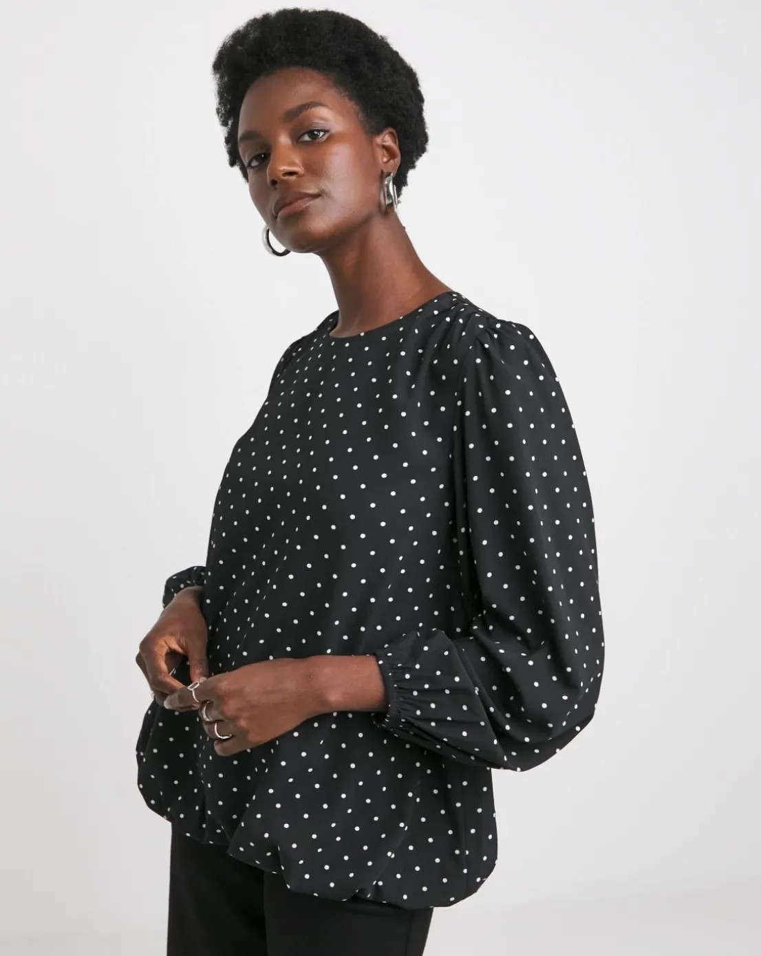 Crew Neck Blouson Sleeve Blouse - Black Spot
