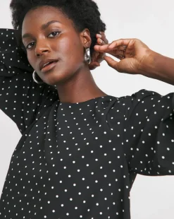 Crew Neck Blouson Sleeve Blouse - Black Spot