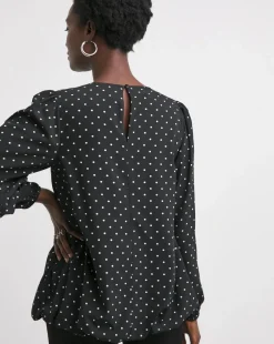 Crew Neck Blouson Sleeve Blouse - Black Spot