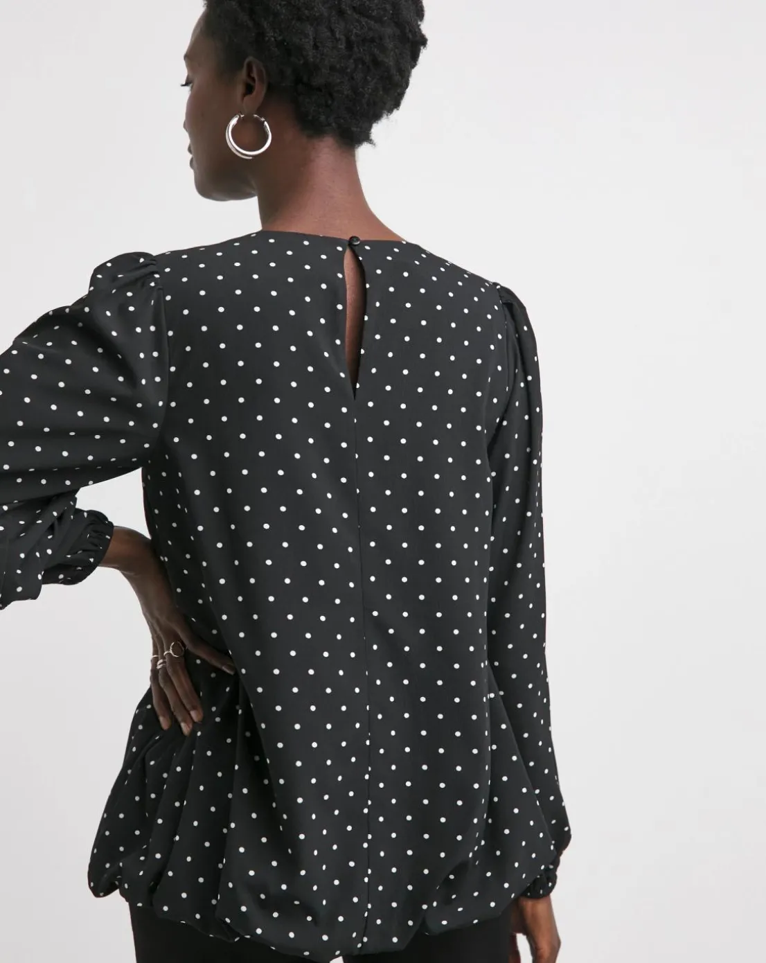 Crew Neck Blouson Sleeve Blouse - Black Spot