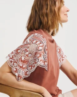 Crew Neck Broderie Angel Sleeve Top