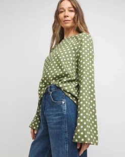 Crew Neck Flute Sleeve Top - Green Spot