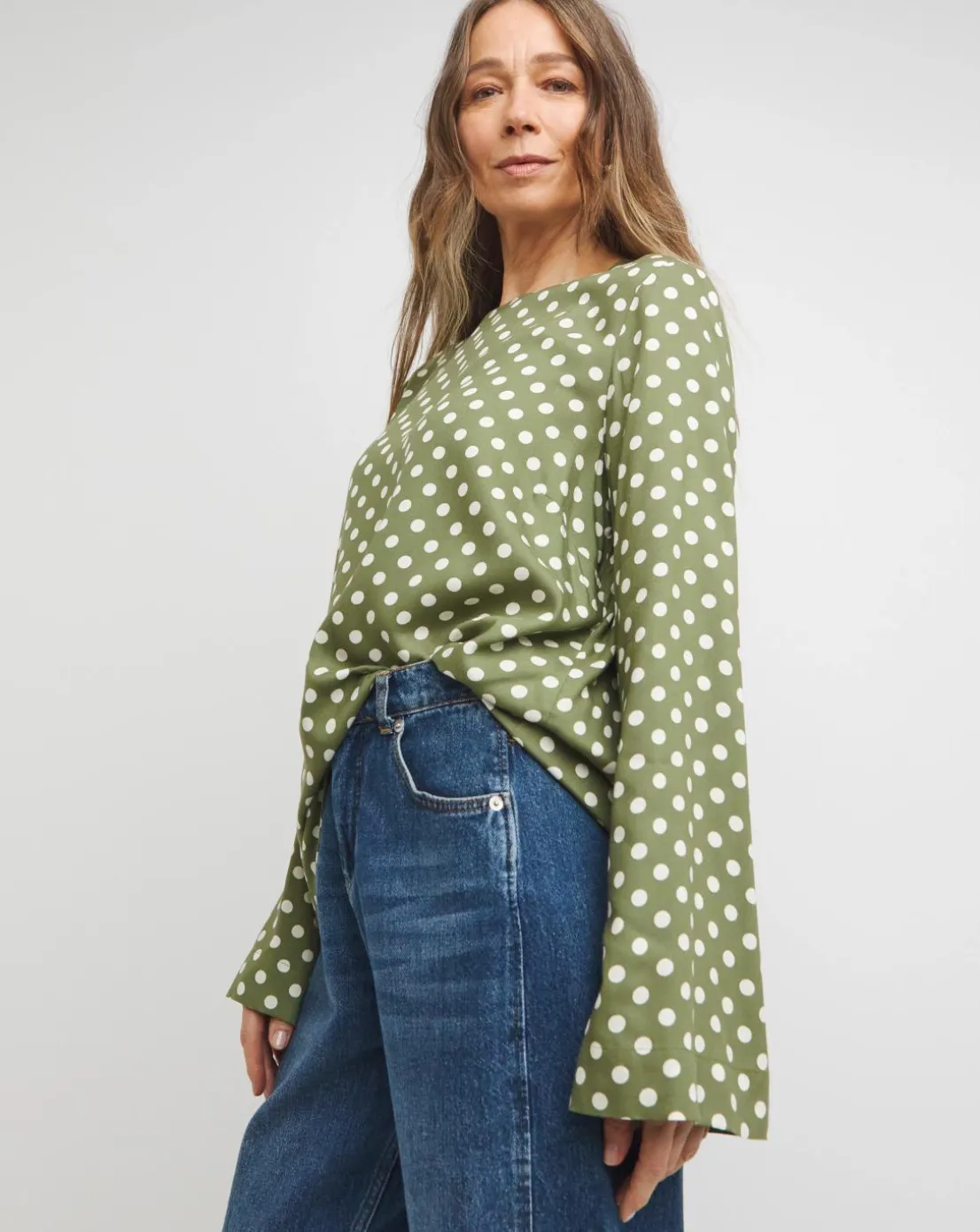 Crew Neck Flute Sleeve Top - Green Spot
