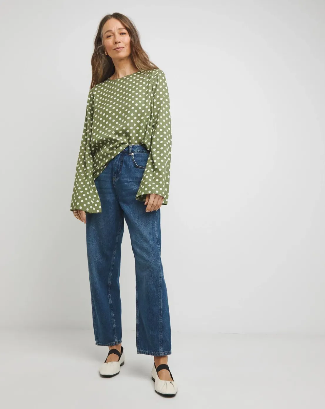 Crew Neck Flute Sleeve Top - Green Spot