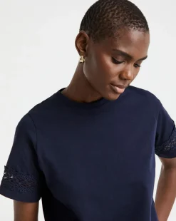 Crew Neck Short Sleeve Lace Insert T-shirt