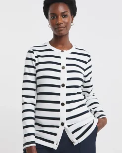 Crew Neck Striped Button Front Cardigan