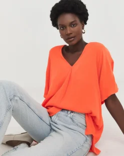 Crinkle Short Sleeve Tunic Top - Orange