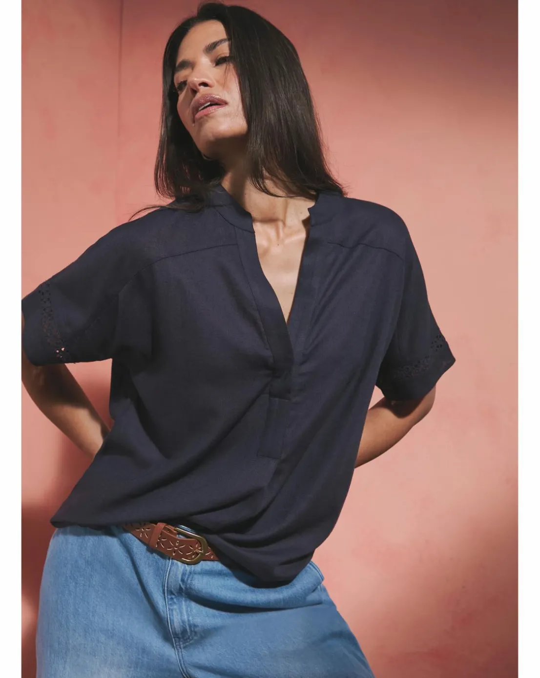 Crochet Trim Linen Mix Popover Top