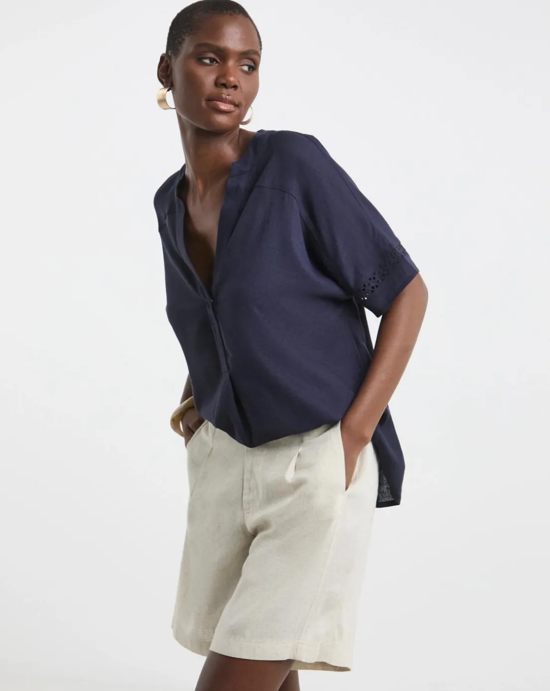 Crochet Trim Linen Mix Popover Top