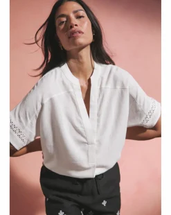 Crochet Trim Linen Mix Popover Top