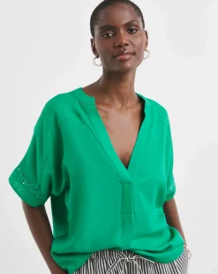 Crochet Trim Linen Mix Popover Top