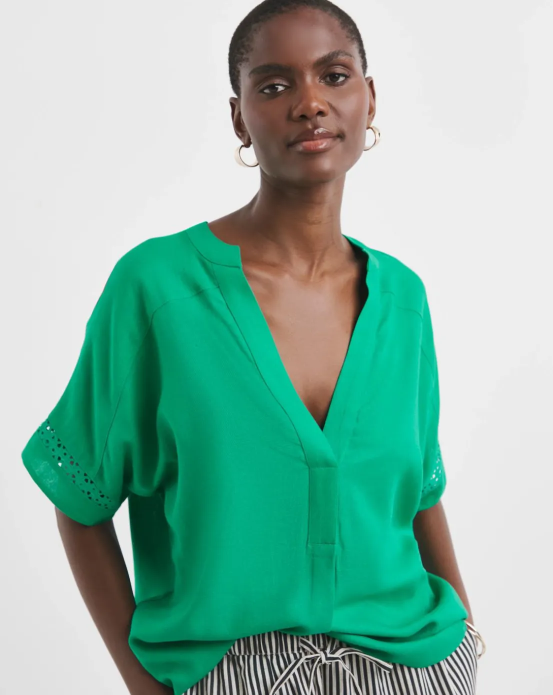 Crochet Trim Linen Mix Popover Top