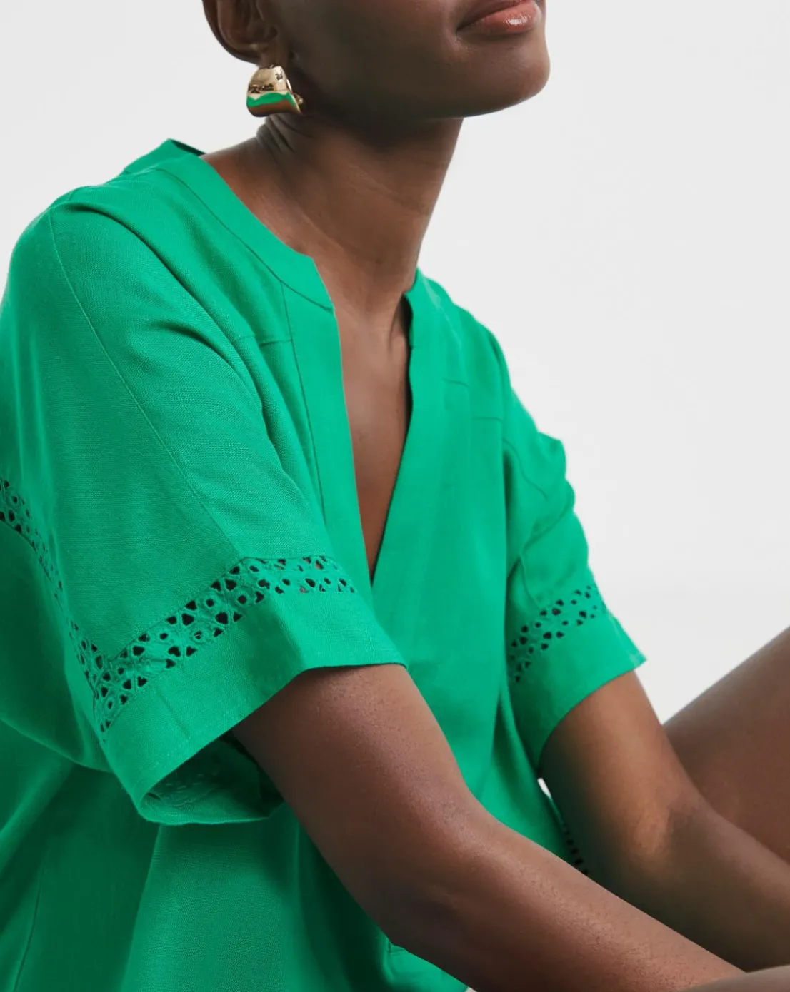 Crochet Trim Linen Mix Popover Top