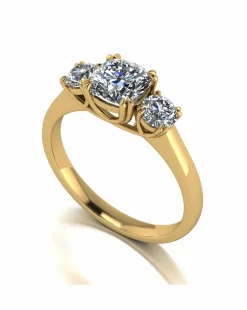 9ct Gold 1.60ct total eq Cushion and Round Brilliant Moissanite Trilogy Ring