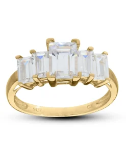 9ct Gold Five Emerald Cut Cubic Zirconia Ring