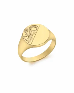 9CT Gold Half-Engraved Round Signet Ring
